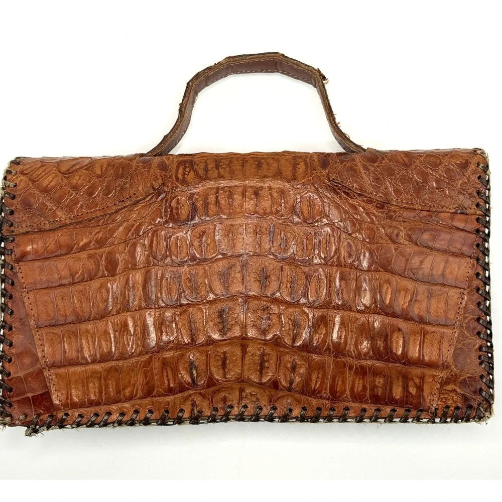 Vintage Genuine Alligator Handbag Made in Cuba Brown Exotic Leather Whipstitch